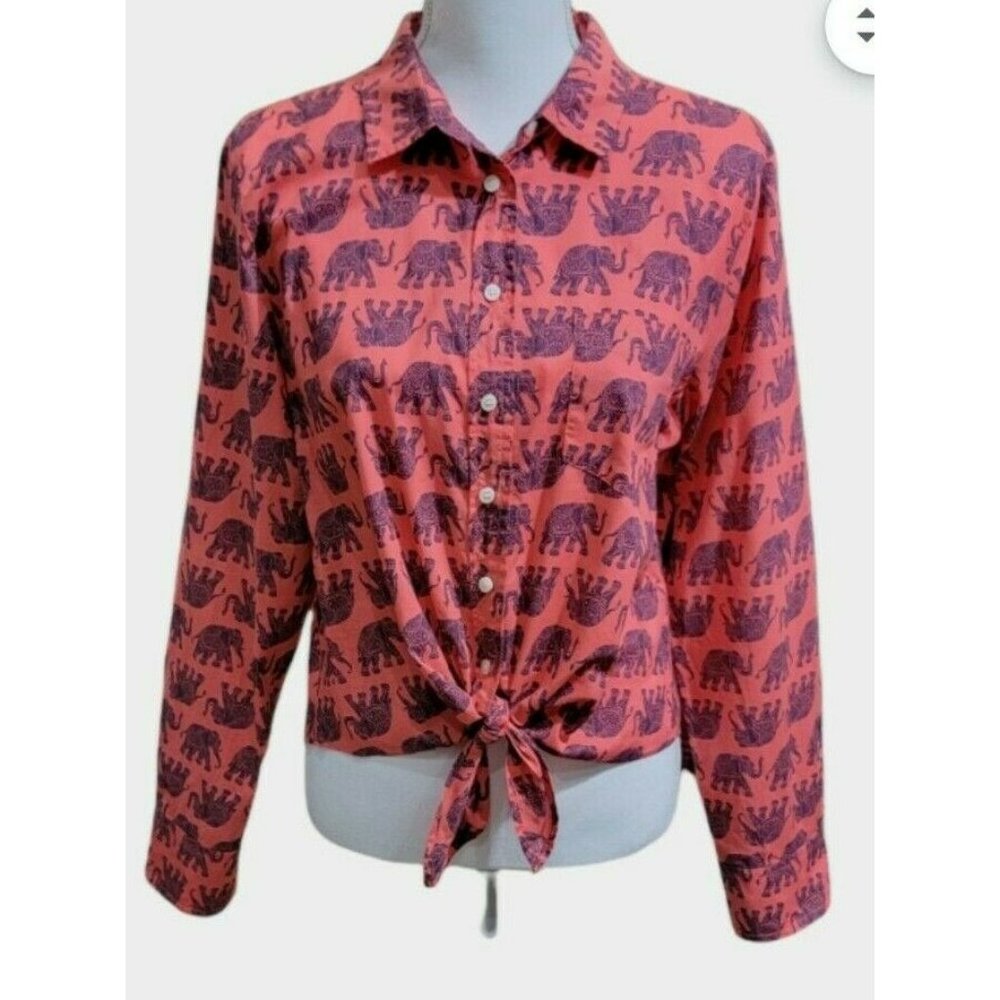 J. Crew Elephant Print Tie Waist Button Up Shirt - Large